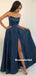 Strapless A-line Sleeveless Long Navy Blue Prom Dresses With Split, PD0793