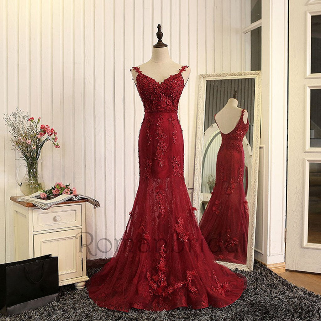 2024 Red Lace Prom Dresses Cheap V Neck A Line Tulle Evening Gowns –  MyChicDress