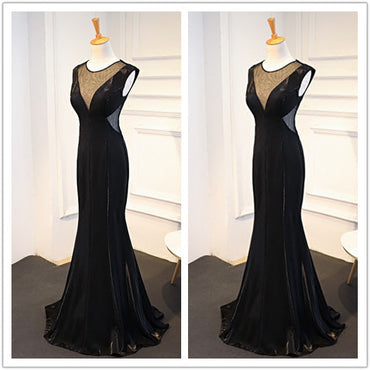 Trumpet Black Stain Zipper Open Back V-neck Sleeveless Empire Prom Dress, PD0402