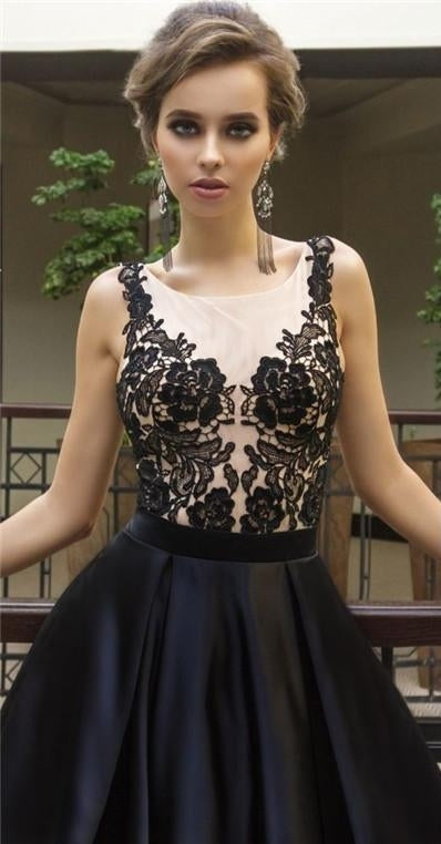 A-Line Sleeveless Lace Appliques Top Long Black Prom Dresses, PD0695
