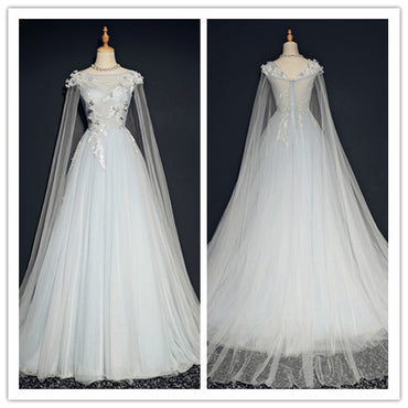 Floor length Tulle Lace appliques Boat neck Empire long wedding party dress, PD0400