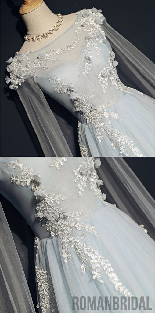 Floor length Tulle Lace appliques Boat neck Empire long wedding party dress, PD0400