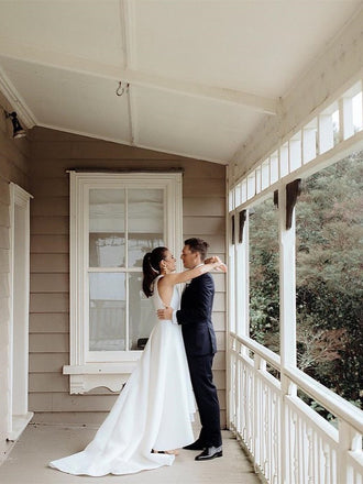 Simple Cheap Round Neck Pocket Wedding Dresses With Train, WD0469