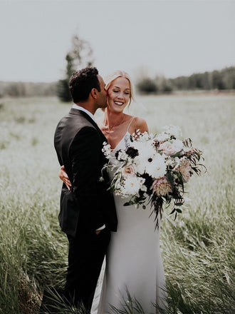 Sheath Spaghetti Straps Simple Cheap Long Wedding Dresses With Train, WD0474