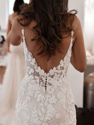 Mermaid Spaghetti Straps V-neck Lace Appliques Long Wedding Dresses, WD0473