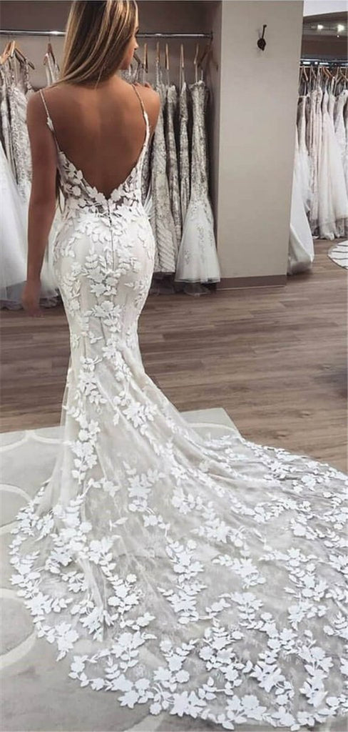 Mermaid Spaghetti Straps V-neck Lace Appliques Long Wedding Dresses, WD0473