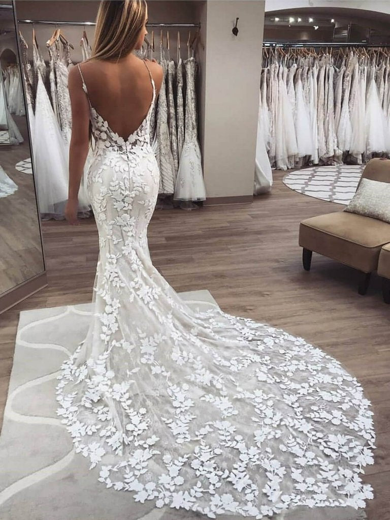 Mermaid Spaghetti Straps V-neck Lace Appliques Long Wedding Dresses, W ...