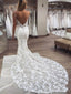 Mermaid Spaghetti Straps V-neck Lace Appliques Long Wedding Dresses, WD0473