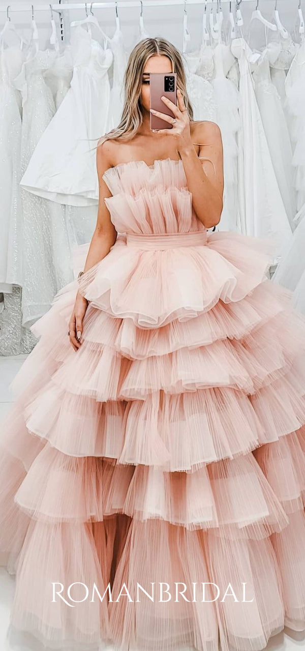 Pink Princess Thousand-layer Strapless Puffy Tulle Ball Gowns Prom Dre –  RomanBridal