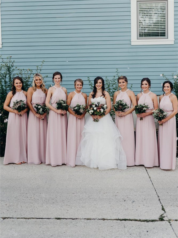 Halter A-line Floor-length Chiffon Bridesmaid Dresses With Split, BD05 – RomanBridal