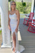 White Sequins Long Prom Dresses Backless Mermaid Ivory Formal Graduation Evening Dresses with High Slit, OL622
