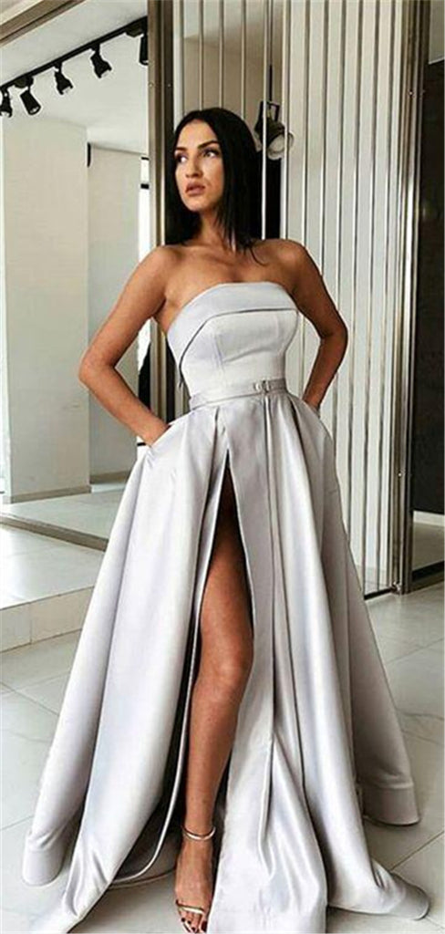 A-Line Grey Stain High Split Prom Dresses With Pocket, PD0763