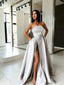 A-Line Grey Stain High Split Prom Dresses With Pocket, PD0763