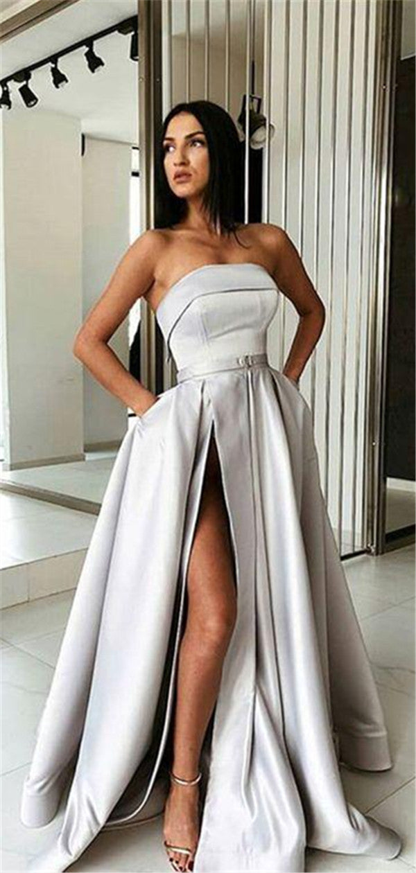 A-Line Grey Stain High Split Prom Dresses With Pocket, PD0763 – RomanBridal
