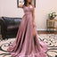 A-Line V-neck Lace-up Back Prom Dresses With Front Split, PD0688