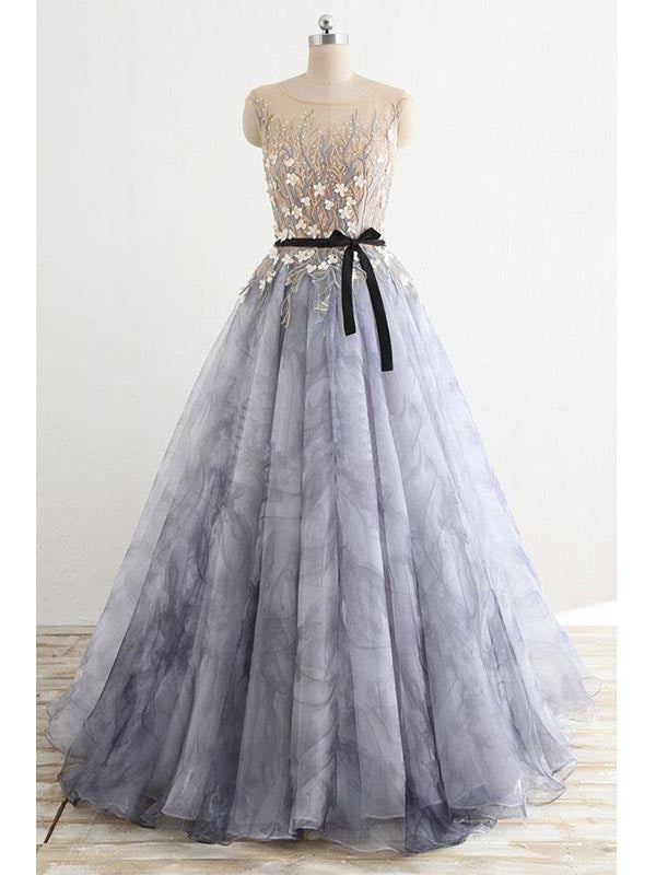 A-line Gray Rround Neck Tulle Long Prom Dress Grey Evening Dress, OL648