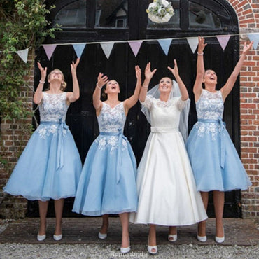 Hot Selling Scoop Neck Lace Appliques Top V-back Short Bridesmaid Dresses, BD0529