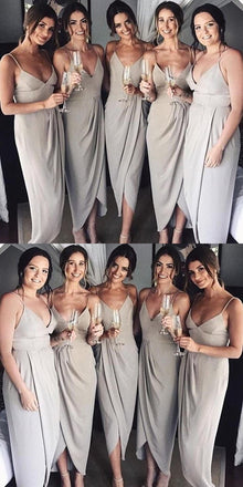 Neaest Simple V-neck Spaghetti Straps Sleeveless Grey Satin Cheap Bridesmaid Dress, BD0505