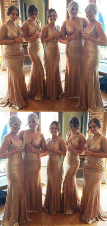 Stunning sequin rose gold bridesmaid dress,long bridesmaid dress,v-neck bridesmaid dress, BD0443