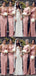 Unique Spaghetti Straps V-neck Pink Backless Slit Long Bridesmaid Dress, BD0518