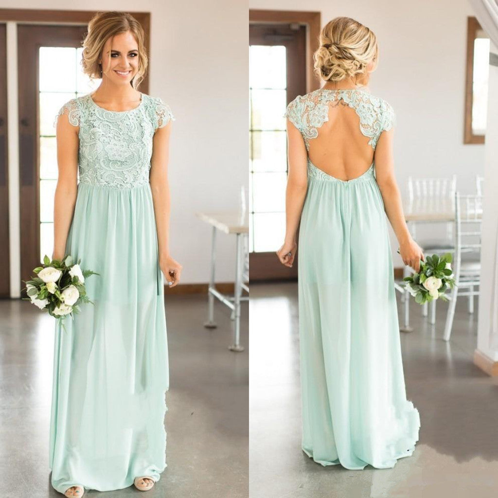 Newest Floor-length lace top chiffon backless country beach styles bridesmaid dresses, BD0451