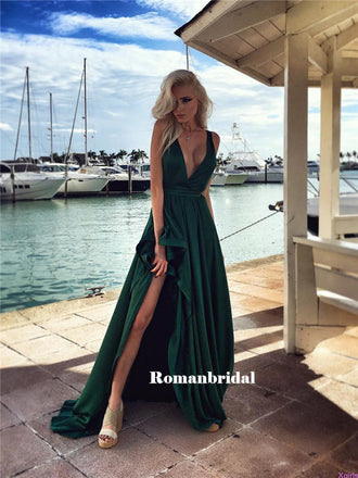 A-line Deep V-neck Long Dark Green Prom Dresses With Split, PD0822