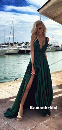 A-line Deep V-neck Long Dark Green Prom Dresses With Split, PD0822