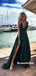A-line Deep V-neck Long Dark Green Prom Dresses With Split, PD0822