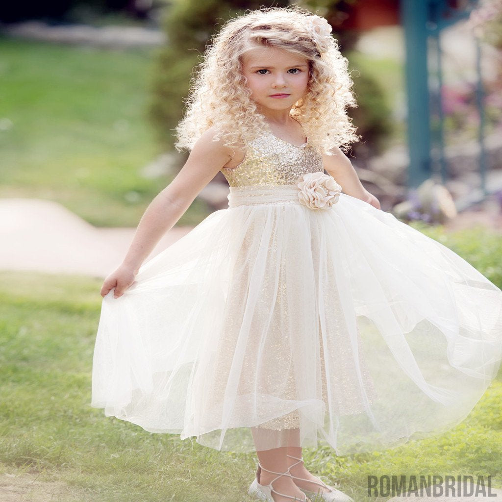 Ivory gold flower girl dress, Rustic sequin Flower girl dress, Country