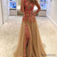 Unique champagne tulle applique long prom dress, evening dress Floor-Length prom dresses, PD0496