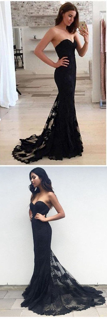 Mermaid Sweetheart Popular Black Lace Long Prom Dresses With Train, PD0540