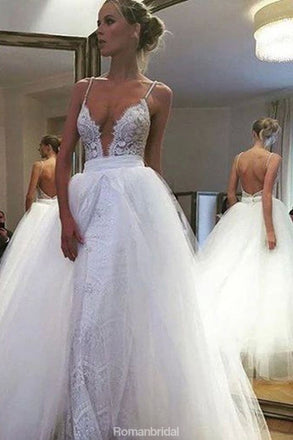 Floor-Length Spaghetti Straps Deep V-neck Backless Lace Wedding Dresses, WD0400