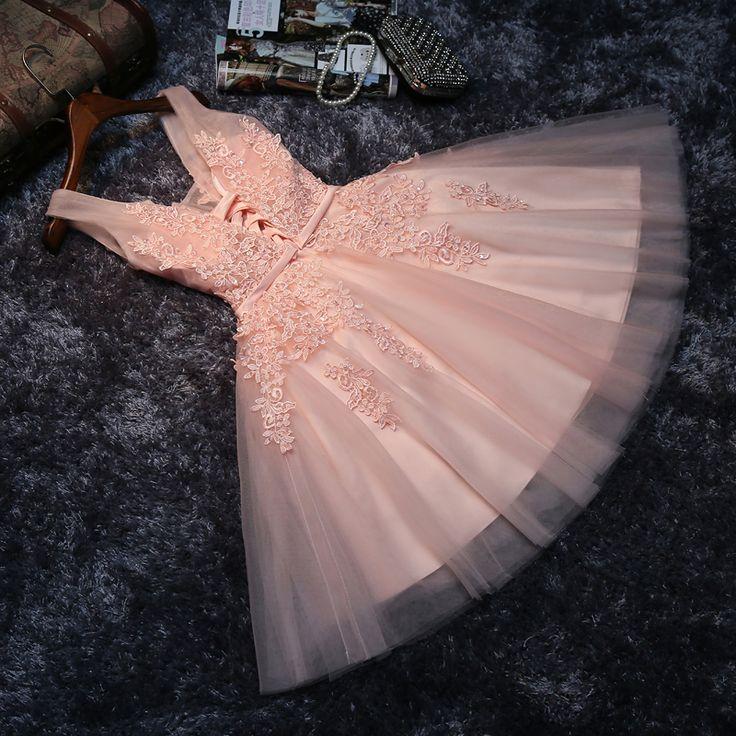 Princess V-neck Lace Appliques Beaded Homecoming Dresses, HD0354