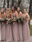 A-line V-neck Floor-length Spaghetti Straps Backless Bridesmaid Dresses, BD0616