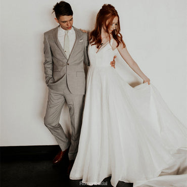 A-line Simple V-neck Backless Long Cheap Wedding Dresses, WD0436