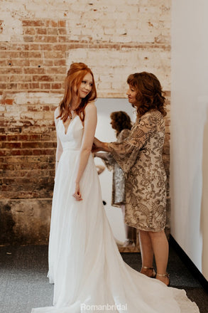 A-line Simple V-neck Backless Long Cheap Wedding Dresses, WD0436