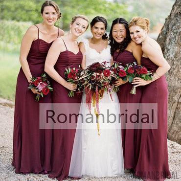 Spaghetti Strap Pleating Sweetheart Burgundy Bridesmaid Dresses, BD0401