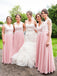 A-line Floor-length V-neck Lace Pink Chiffon Bridesmaid Dresses, BD0581