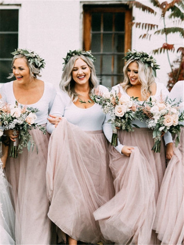 A-line Square Neck Long Sleeves Backless Long Tulle Bridesmaid Dresses RomanBridal A-line Square Neck Long Sleeves Backless Long Tulle Bridesmaid Dresses RomanBridal