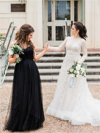 A-line Floo-length Sweetheart Long Black Tulle Bridesmaid Dresses, BD0614