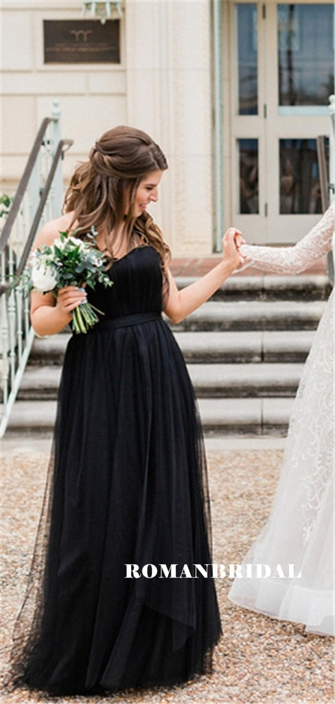 A-line Floo-length Sweetheart Long Black Tulle Bridesmaid Dresses, BD0614