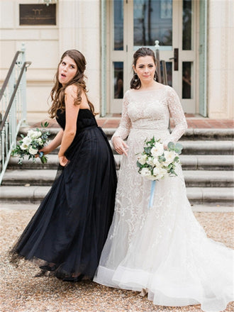 A-line Floo-length Sweetheart Long Black Tulle Bridesmaid Dresses, BD0614