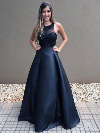 A-line Floor-length Round Neck Sleeveless Beading Top Long Prom Dresses , PD0775