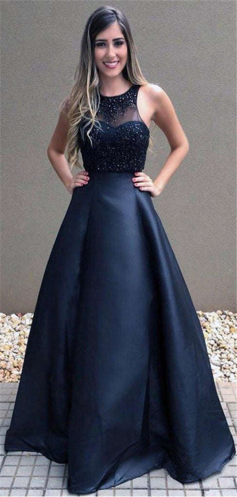 A-line Floor-length Round Neck Sleeveless Beading Top Long Prom Dresses , PD0775