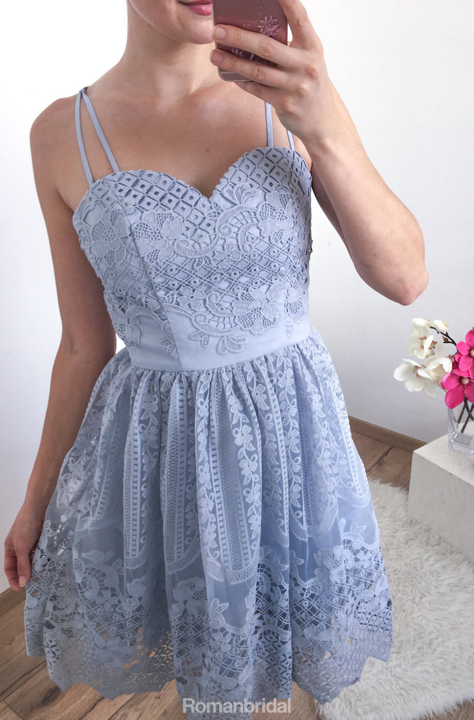 A-Line Sweetheart Spaghetti Straps Full Lace Sleeveless Short Homecoming Dress, HD0395