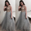 Floor-length A-line Grey Ball Gown Crew with Beaded, Elegant round neck sleeveless Long Prom Dress, PD0501