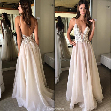 New Arrival A-line deep Sleeveless V-neck Appliques sexy Spaghetti Strap long Prom dresses, PD0524
