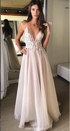 New Arrival A-line deep Sleeveless V-neck Appliques sexy Spaghetti Strap long Prom dresses, PD0524