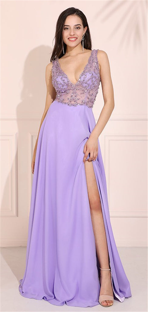 A-line V-neck Backless Beading Top Long Prom Dresses With Split, PD0785