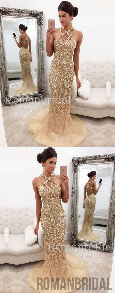Champagne Mermaid Zipper-Back Crystals Gorgeous Halter Sleeveless  Long Prom Dress, PD0500